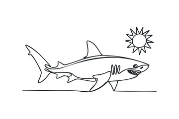 Minimalist Shark and Sun Line Drawing