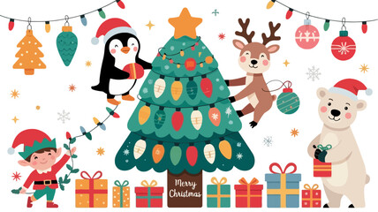 Obraz premium Whimsical christmas scene with cute cartoon animals and a child decorating a festive tree with presents and lights