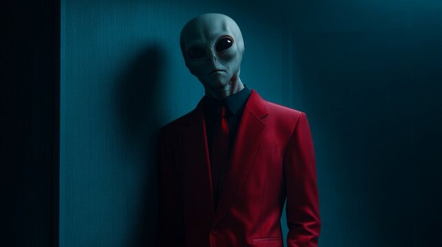 Mysterious alien in red suit leaning against a wall in dim blue light