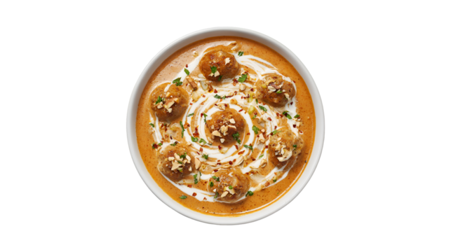 A beautiful bowl of savory meatballs in a rich creamy curry sauce garnished with fresh herbs and chopped nuts - Powered by Adobe