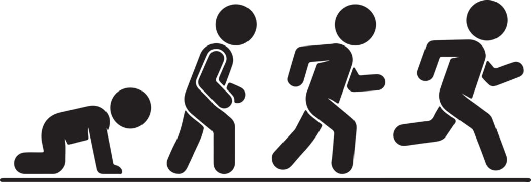 A minimalist black and white line art illustration showing human evolution from crawling to running, with four stick figure poses symbolizing motion, growth, and progress.