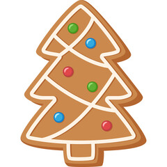 Gingerbread Christmas Tree Cookie Decorated with White Icing and Colorful Candies Transparent Background