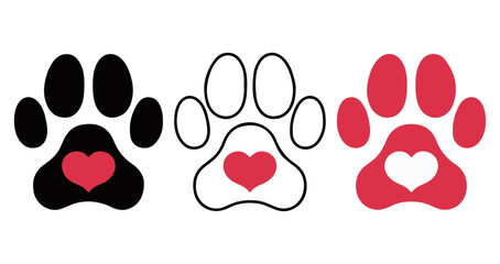 Heart paw print icon set. Editable vector illustration of pet love symbols in black, white, and red. EPS animal care pack
