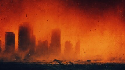 Abstract city skyline silhouette in dramatic orange haze digital art
