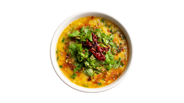 A warm bowl of savory yellow lentil soup is generously topped with fresh cilantro and spicy dried red chilies