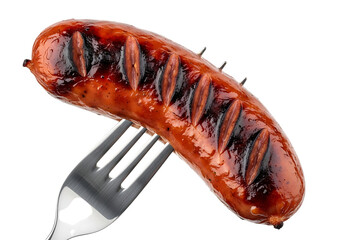 Juicy grilled sausage impaled on a metal fork isolated on transparent background