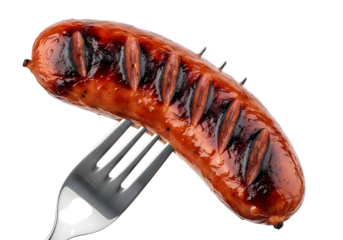 Juicy grilled sausage impaled on a metal fork isolated on transparent background