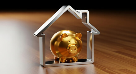 Golden piggy bank inside a house frame symbolizing real estate investment and home savings