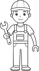 Cartoon mechanic wearing overalls and hard hat holding a wrench ready for repair work