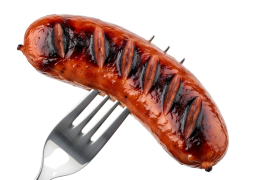 Juicy grilled sausage impaled on a metal fork isolated on transparent background