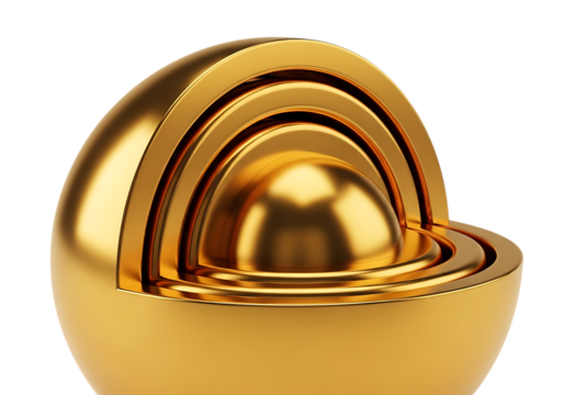 Cross section of a polished golden sphere revealing concentric layers and a central core isolated on transparent background