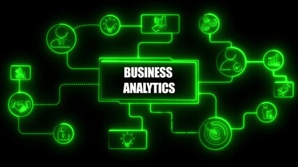 Business Analytics concept diagram with neon green glowing icons and connections on black background - Powered by Adobe
