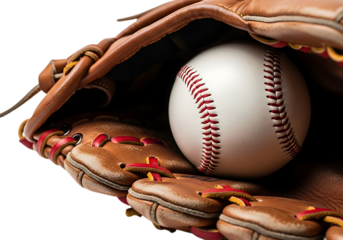 Close up of a white baseball with red stitching nestled inside a leather baseball glove isolated on transparent background