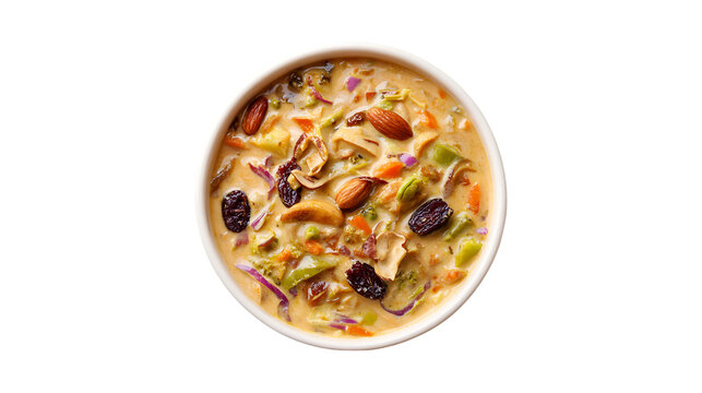 An overhead view of a creamy vegetable dish in a white bowl featuring a mix of nuts raisins and chopped vegetables