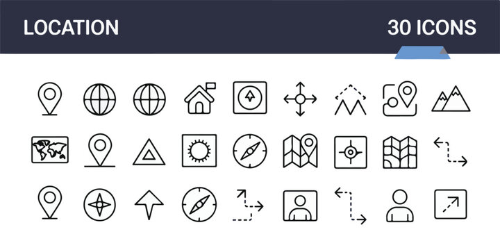A set of 27 minimalist location, navigation, and map line icons with compass, pin, globe, and route symbols on white background, modern geometric design.