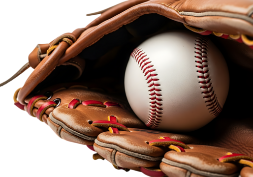 Close up of a white baseball with red stitching nestled inside a leather baseball glove isolated on transparent background