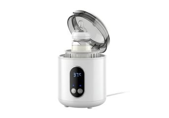 White electric baby bottle warmer with digital display and clear lid isolated on transparent background