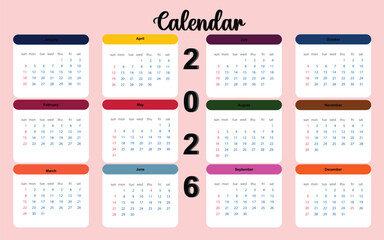Colorful 2026 Calendar Template Design on Pink Background