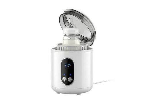 White electric baby bottle warmer with digital display and clear lid isolated on transparent background