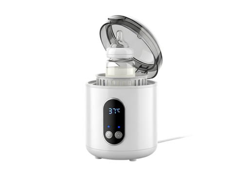 White electric baby bottle warmer with digital display and clear lid isolated on transparent background