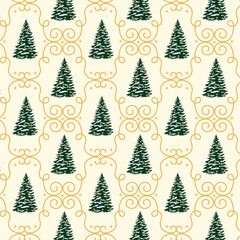 Obraz premium Christmas trees with snow and golden stars. Seamless festive pattern for greeting cards, gift wrapping, or winter decorations. Festive winter background.