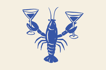 Lobster with cocktails naive sketch vector illustration © Victoria