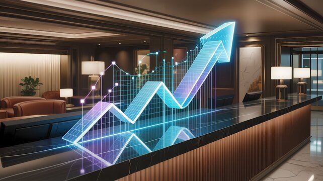 3D Rising Arrow Graph Above Hotel Reception Desk