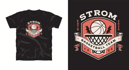 Fototapeta premium Strom Basketball Team Shield Logo Design Sport Graphic for Apparel and Fan Merchandise Vintage Style with Ribbon and Net 2025