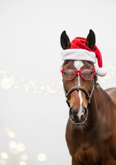 Obraz premium A horse in a Santa Claus hat and glasses, with a cheerful expression.