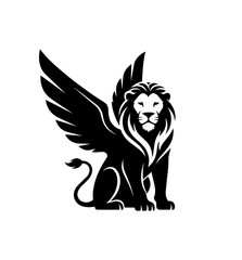 Striking black and white illustration of a majestic winged lion, seated in a powerful and symmetrical pose, evoking a sense of ancient myth and modern heraldry