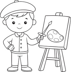 Cute cartoon painter kid holding brush and palette ready to paint on easel