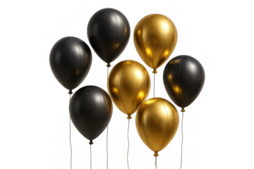 Black and gold metallic balloons floating, celebrating luxurious party, event decoration, happy anniversary, transparent background