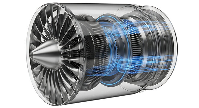 Transparent Jet Engine Illustration Showing Airflow and Internal Turbine Components