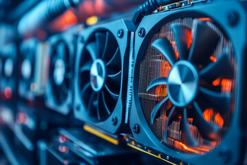 Powerful crypto mining farm with hundreds of graphics cards and neon lights for cryptocurrency blockchain data center generative ai