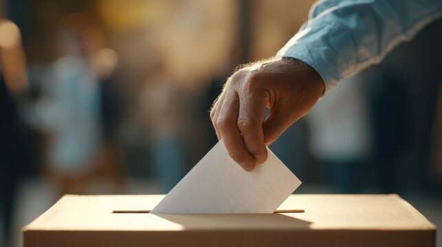 Voting ballot being cast by hand into election box for democracy concept