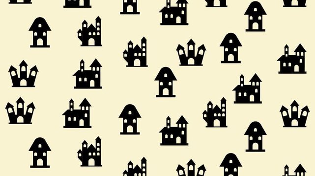 Black haunted house and gothic castle silhouettes arranged in seamless repeating pattern on pale cream spooky Halloween backdrop
