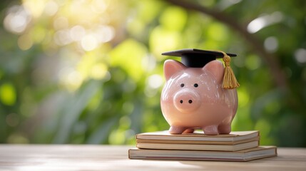 Saving for college fund concept, piggy bank with graduation cap outdoors