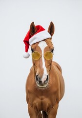 A horse wearing a Santa hat and sunglasses in a festive mood.
