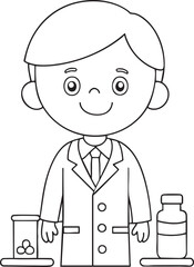 Cute cartoon pharmacist coloring page for kids exploring healthcare professions and science