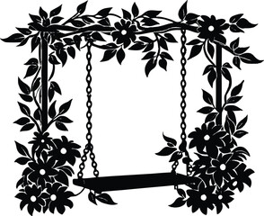 Fototapeta premium Flower Vines Over Wooden Swing Silhouette | Garden Swing Covered In Vines Silhouette