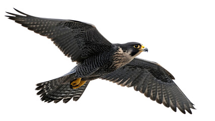 Obraz premium Taking off beautiful peregrine black falcon cut out on PNG isolated on white background. AI GENERATED. 