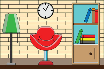 Illustration of a cozy room with a red chair, green lamp, bookshelf, and clock on a brick wall background