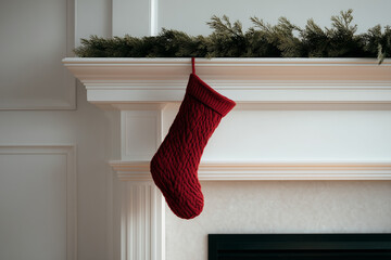 Red knit christmas stocking on white mantel with soft fireplace glow