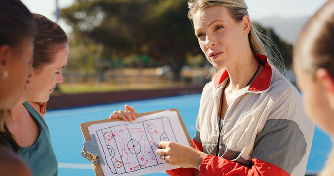 Coach, game plan and clipboard with team outdoor for hockey match, tournament and competition. Sports manager, people and talk with strategy on turf for tactical feedback, formation and instructions.