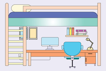 Illustration of a dorm room with a loft bed, desk, computer, chair, bookshelf, and other furniture items