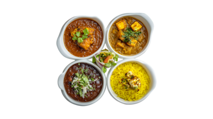 A delicious Indian vegetarian meal featuring two paneer curries a lentil dal and yellow rice served in white bowls with a fresh side salad
