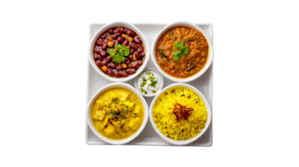 A vibrant Indian vegetarian meal with paneer curry bean stew lentil dal and saffron rice