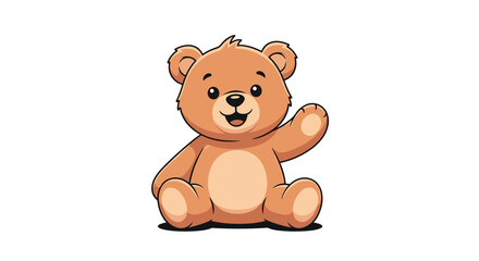 Fototapeta premium A cheerful, cute cartoon teddy bear with warm brown fur sits happily and waves a friendly greeting, exuding a welcoming and playful charm on a white background.