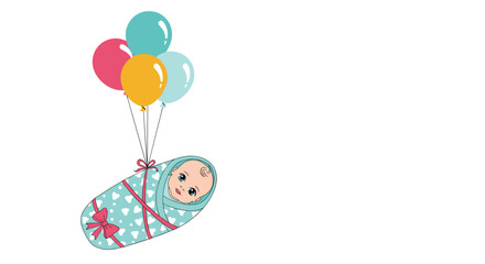 Adorable newborn baby, wrapped in a heart-patterned swaddle with a pink bow, gently floats, carried by a colorful cluster of balloons, symbolizing a joyous new arrival.