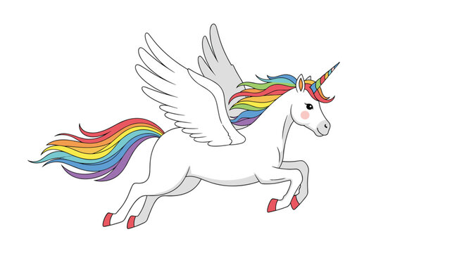 A whimsical white alicorn with a vibrant rainbow mane and tail gallops gracefully, its wings spread wide against a clean white background.